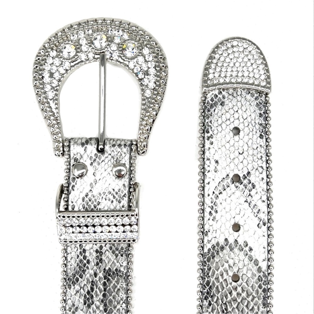 Chico’s Belt “Celestial” Python Snake Pattern Rhinestones Silver Studded Medium - Picture 2 of 9